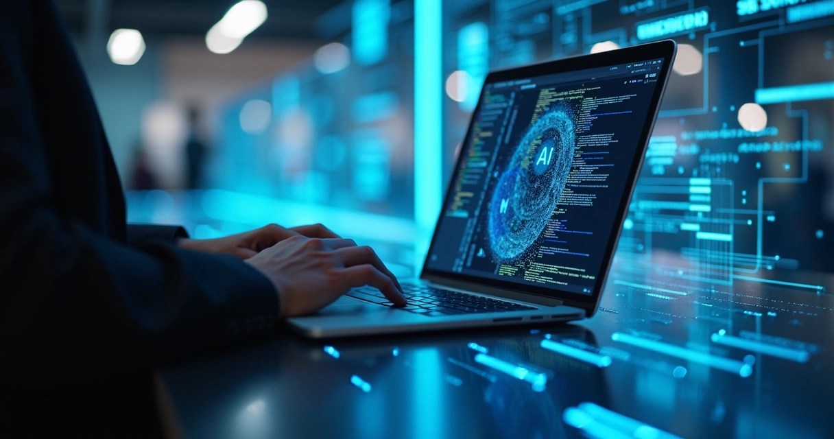 Pessoa usando laptop com códigos e gráficos de inteligência artificial na tela, ambiente moderno com elementos digitais azuis e dados flutuantes ao redor