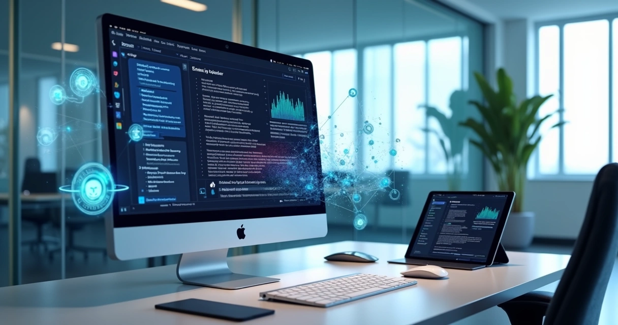 Tela de computador exibindo integração do Microsoft Copilot com Word, Excel e Teams em ambiente corporativo digital