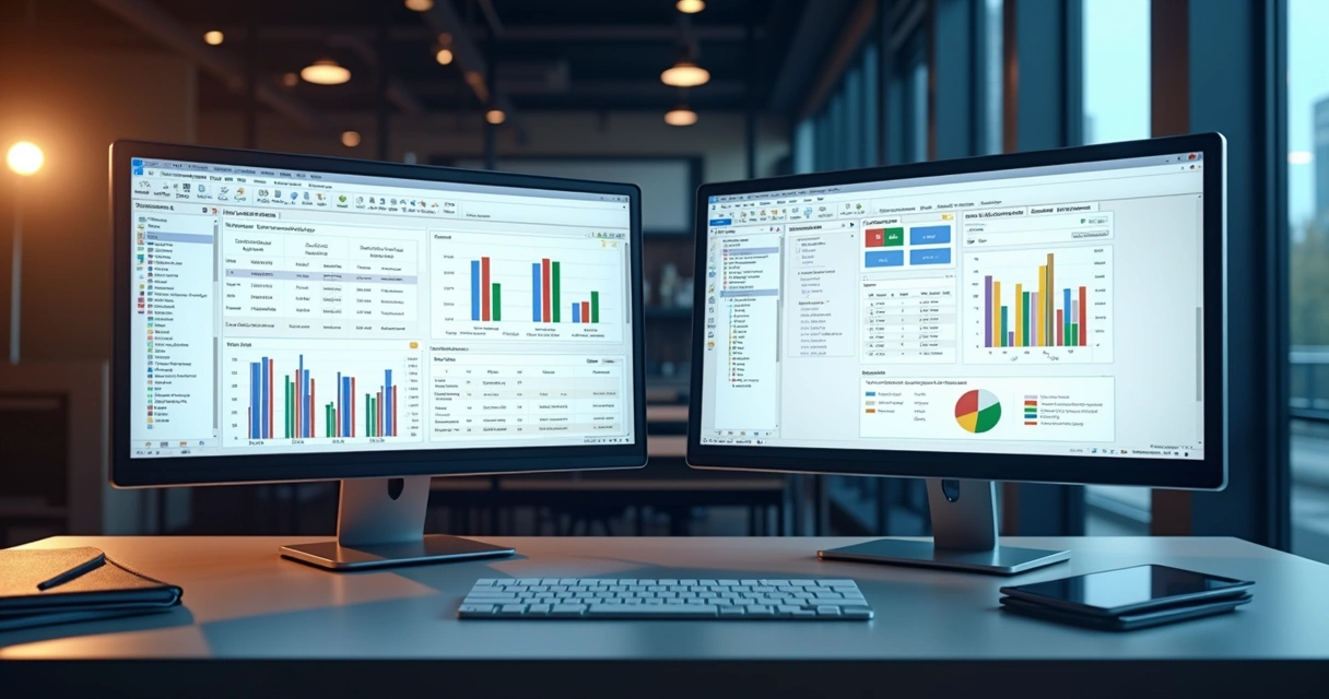 Interface de aplicativo Model-Driven ao lado de um Canvas App exibidos em telas de computador com gráficos e fluxos de dados corporativos