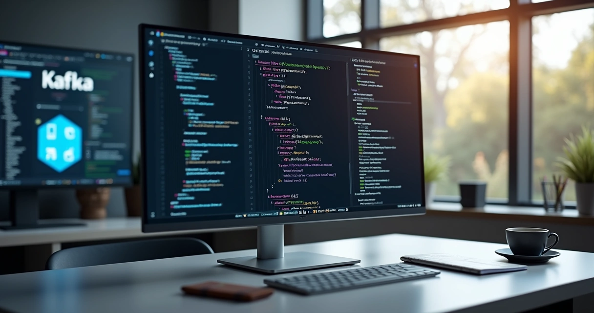 Tela de computador exibindo código de contratos de dados com gráficos e pipeline de dados ao fundo