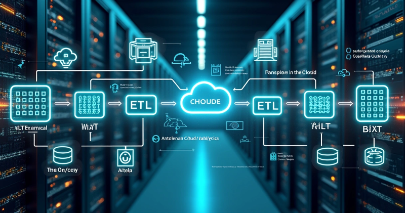 Fluxo detalhado de ETL e ELT com gráficos digitais e nuvem ao fundo