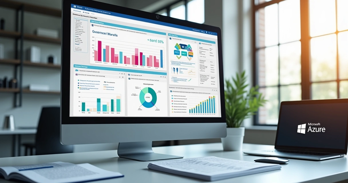 Interface digital mostrando dashboard com gráficos de governança e automação na Power Platform