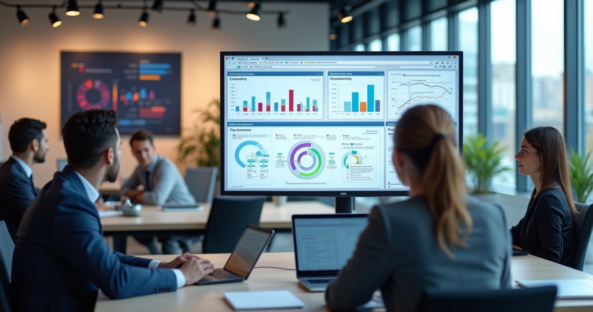 Dashboard moderno exibindo gráficos e indicadores de gestão da Power Platform em ambiente corporativo